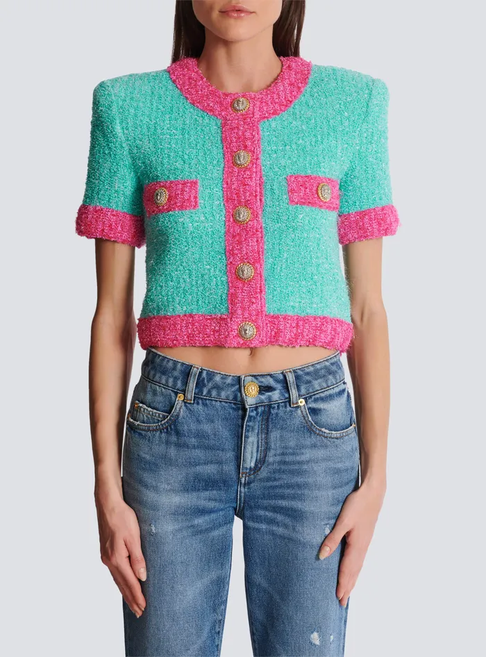 Balmain Knitwear Women Twotone Cropped Knit Cardigan Multicolor