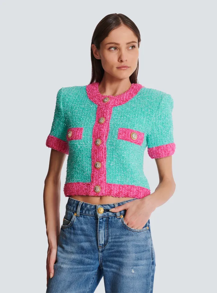 Balmain Knitwear Women Twotone Cropped Knit Cardigan Multicolor