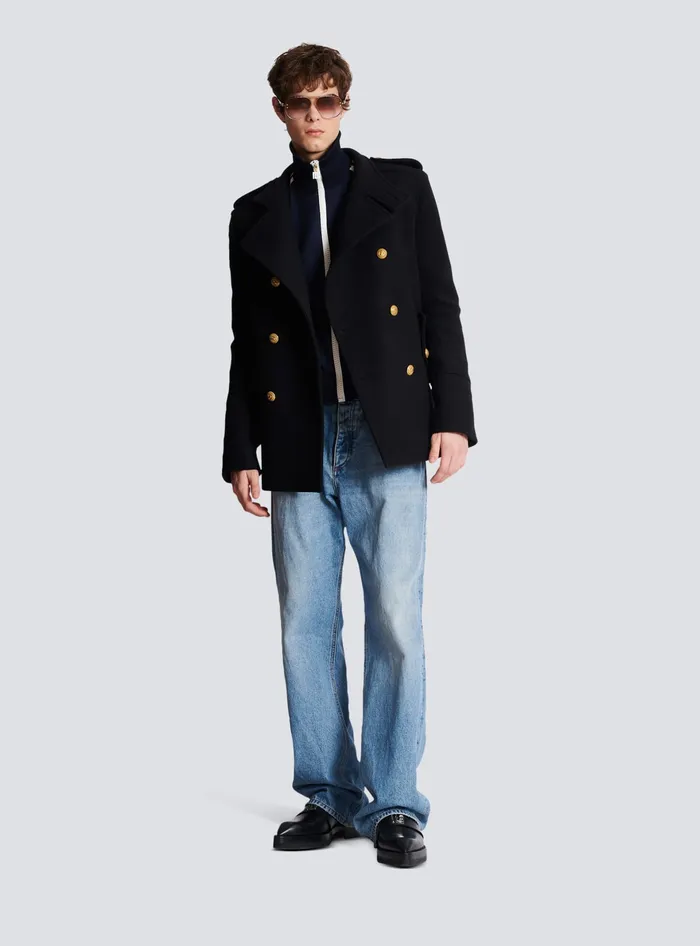 Balmain Outerwear Men Short Militarystyle Coat Black