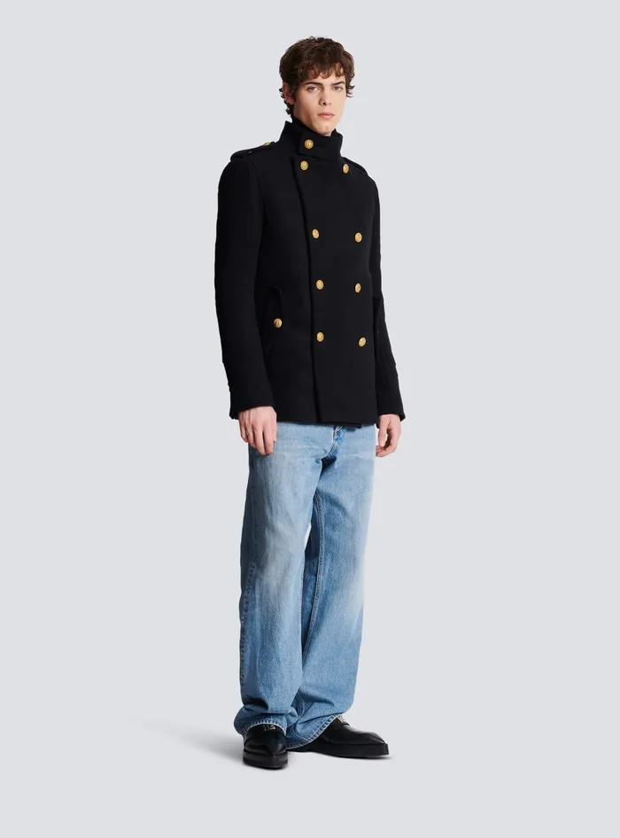 Balmain Outerwear Men Short Militarystyle Coat Black