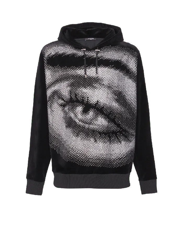 Balmain Sweatshirts Men Velvet Hoodie With Crystals In An Eye Motif Black