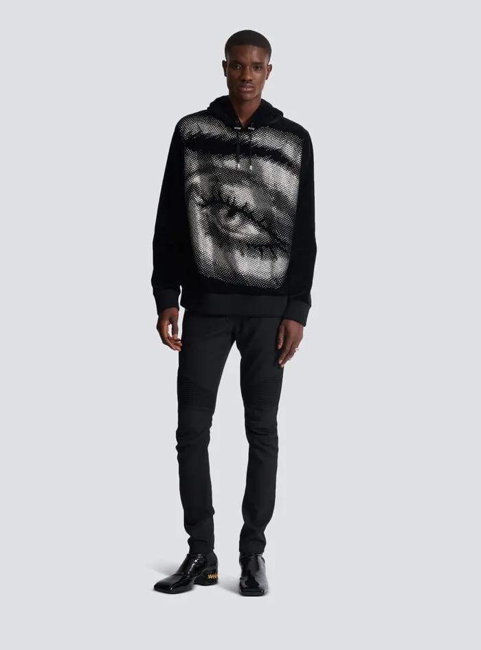 Balmain Sweatshirts Men Velvet Hoodie With Crystals In An Eye Motif Black