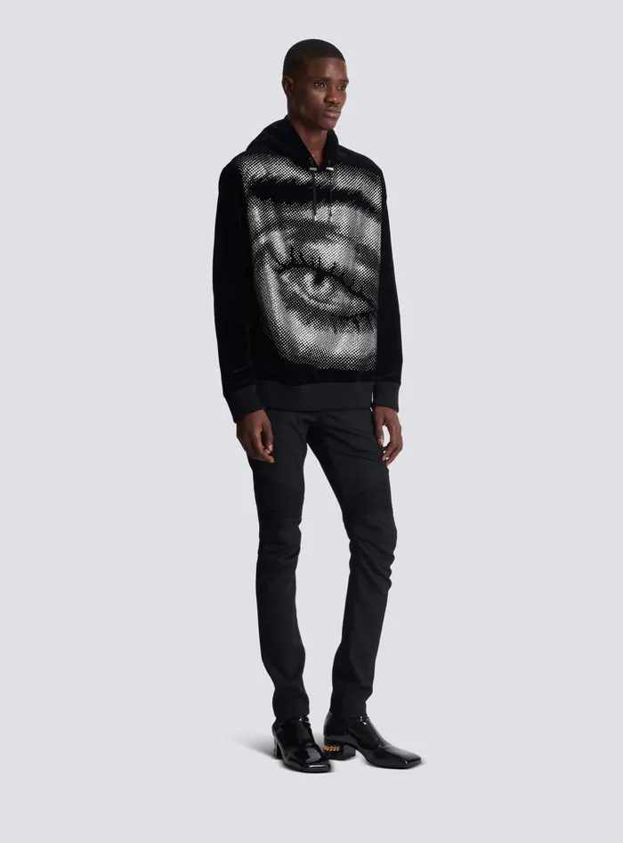 Balmain Sweatshirts Men Velvet Hoodie With Crystals In An Eye Motif Black