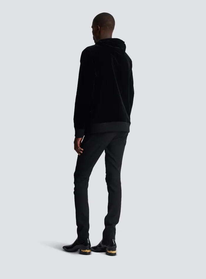 Balmain Sweatshirts Men Velvet Hoodie With Crystals In An Eye Motif Black
