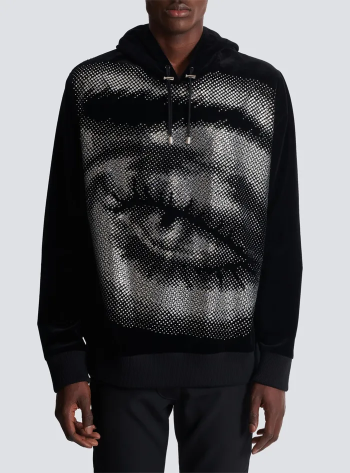 Balmain Sweatshirts Men Velvet Hoodie With Crystals In An Eye Motif Black
