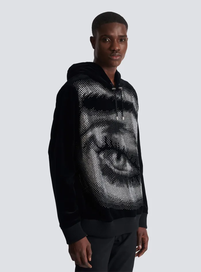 Balmain Sweatshirts Men Velvet Hoodie With Crystals In An Eye Motif Black