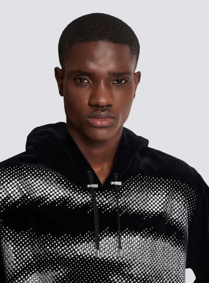 Balmain Sweatshirts Men Velvet Hoodie With Crystals In An Eye Motif Black
