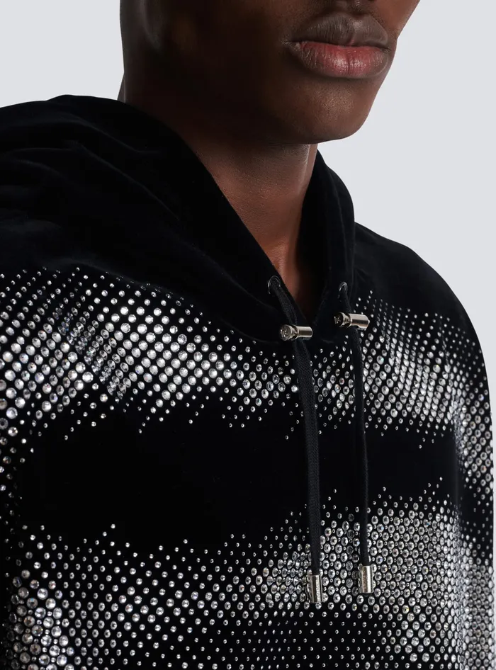 Balmain Sweatshirts Men Velvet Hoodie With Crystals In An Eye Motif Black