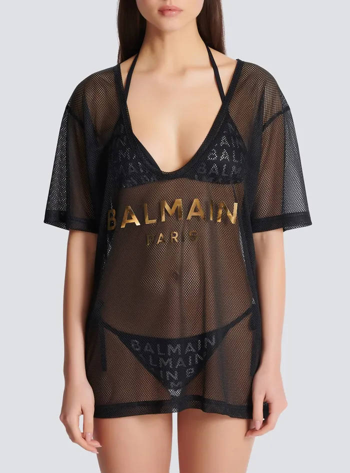 Balmain Swimwear Women Paris Mesh Tshirt Black