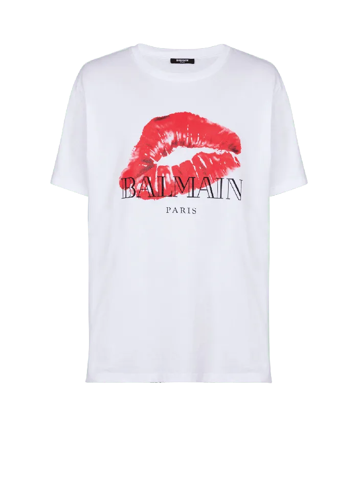 Balmain TShirts Men Relaxed Tshirt With Kiss Print White