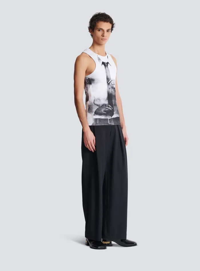 Balmain TShirts Men Ribbed Tank Top With Tie Print White