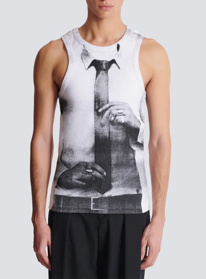 Balmain TShirts Men Ribbed Tank Top With Tie Print White