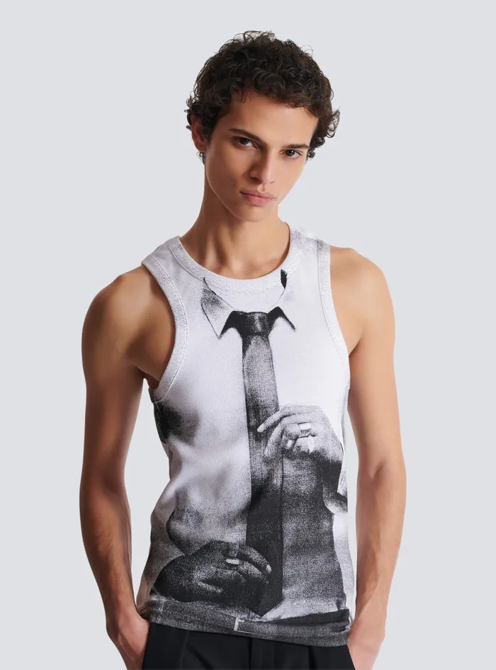 Balmain TShirts Men Ribbed Tank Top With Tie Print White