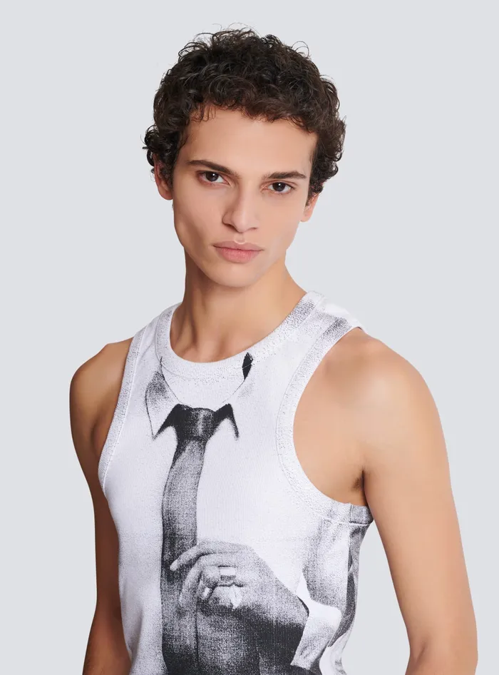 Balmain TShirts Men Ribbed Tank Top With Tie Print White