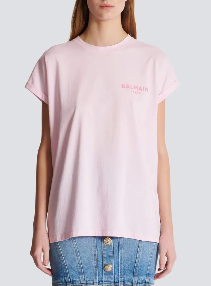 Balmain TShirts Women Tshirt With Flocked Paris Logo Pink