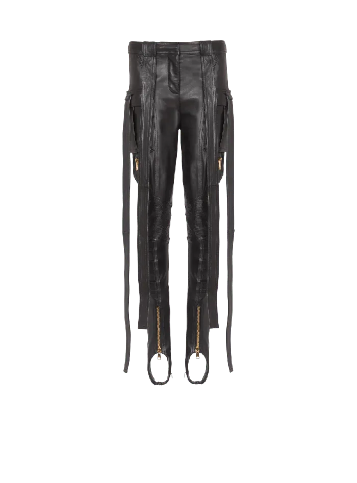 Balmain Trousers And Shorts Women Leather Cargo Trousers With Straps Black