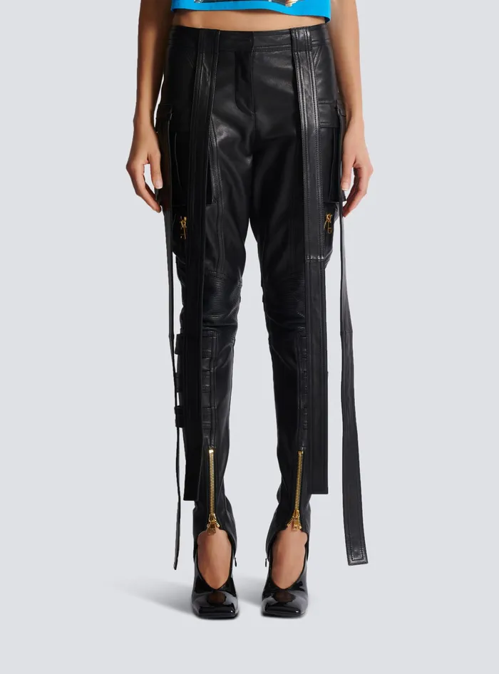 Balmain Trousers And Shorts Women Leather Cargo Trousers With Straps Black