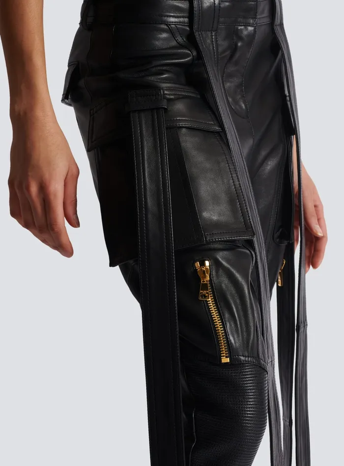 Balmain Trousers And Shorts Women Leather Cargo Trousers With Straps Black