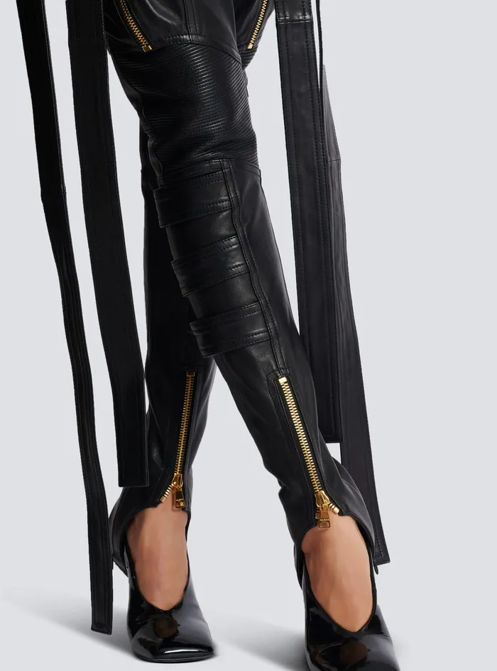 Balmain Trousers And Shorts Women Leather Cargo Trousers With Straps Black