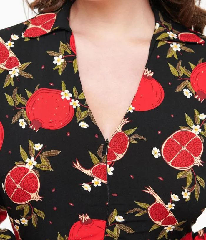 Banned 1940s Black and Red Pomegranate Midi Dress Dresses Unique Vintage Pocket Dresses