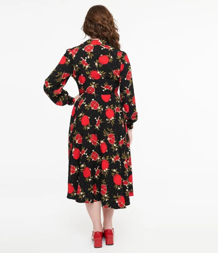 Banned 1940s Black and Red Pomegranate Midi Dress Dresses Unique Vintage Pocket Dresses