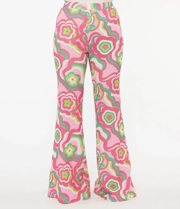 Barbie X Smak Parlour 1970s Pink and Green Floral Evening In Flare Pants Clothing Unique Vintage Pants