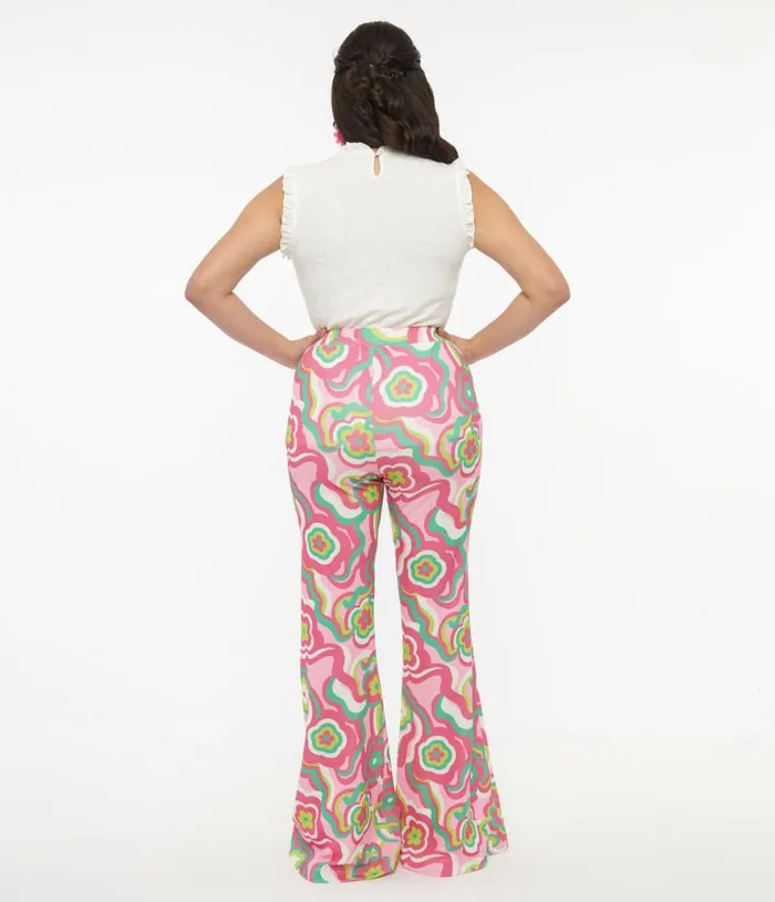 Barbie X Smak Parlour 1970s Pink and Green Floral Evening In Flare Pants Clothing Unique Vintage Pants
