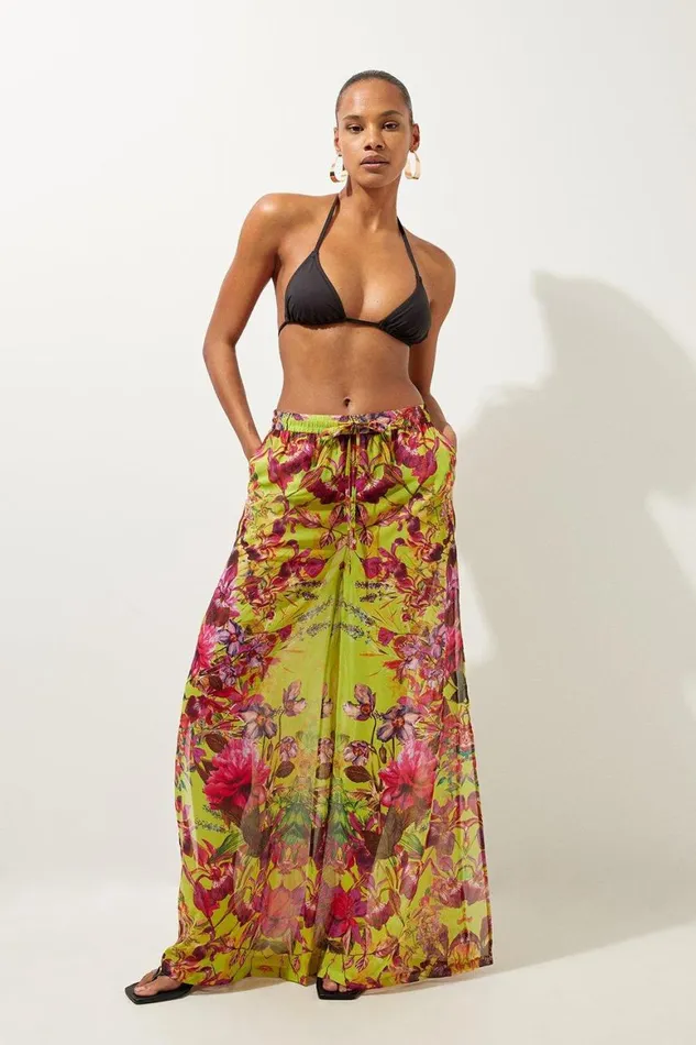 Beachwear Women Karen Millen Mirrored Floral Georgette Beach Trousers Pink