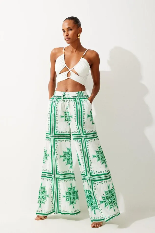 Beachwear Women Karen Millen Printed Cotton Voile Beach Trousers Green