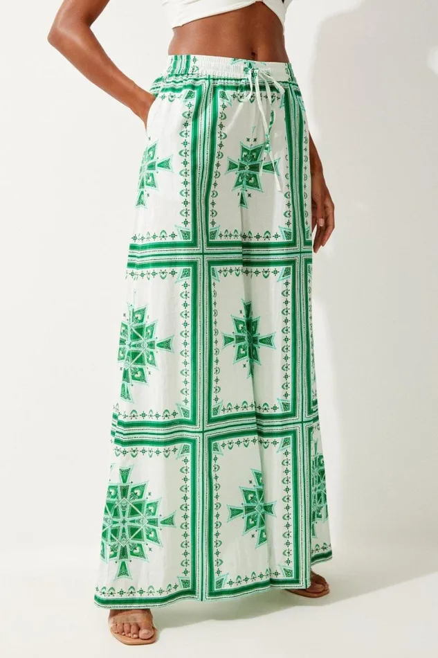 Beachwear Women Karen Millen Printed Cotton Voile Beach Trousers Green