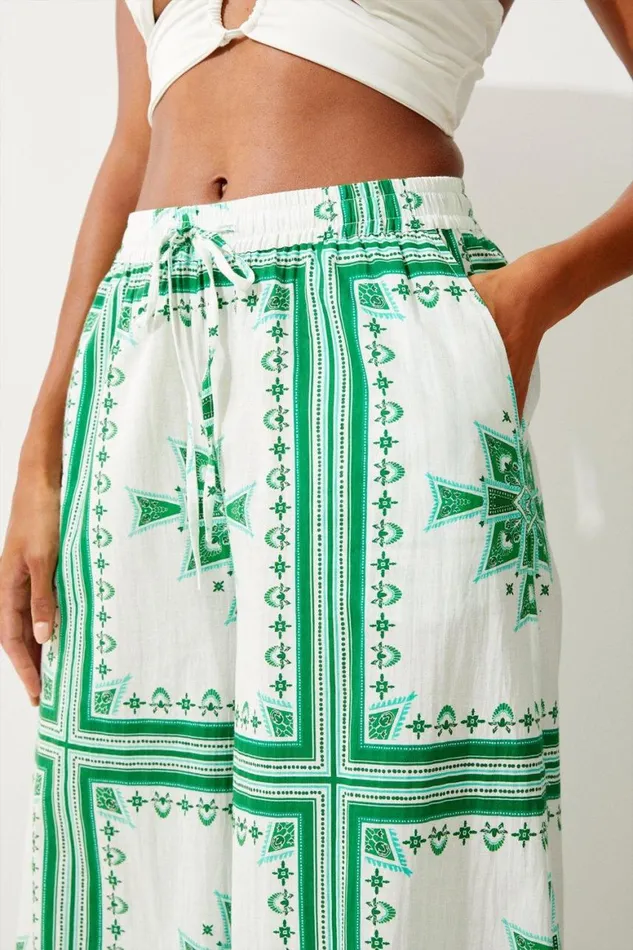 Beachwear Women Karen Millen Printed Cotton Voile Beach Trousers Green
