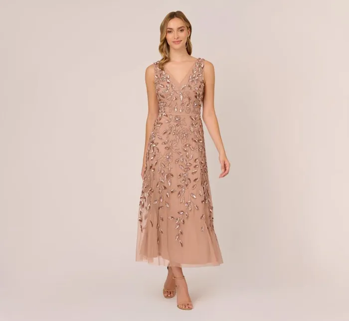 Beaded Dresses Womens Adrianna Papell Floral Beaded Ankle Length Sleeveless Gown In Rose Gold