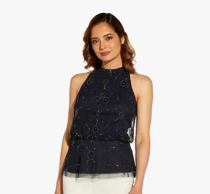Beaded Dresses Womens Adrianna Papell HandBeaded Blouson Halter Top In Midnight Beaded Dresses Womens Adrianna Papell HandBeaded Blouson Halter Top In Midnight