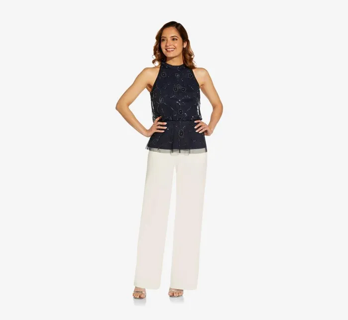 Beaded Dresses Womens Adrianna Papell HandBeaded Blouson Halter Top In Midnight