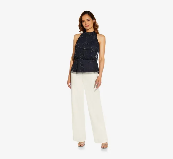 Beaded Dresses Womens Adrianna Papell HandBeaded Blouson Halter Top In Midnight