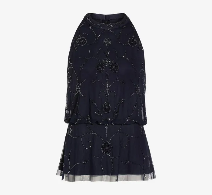Beaded Dresses Womens Adrianna Papell HandBeaded Blouson Halter Top In Midnight