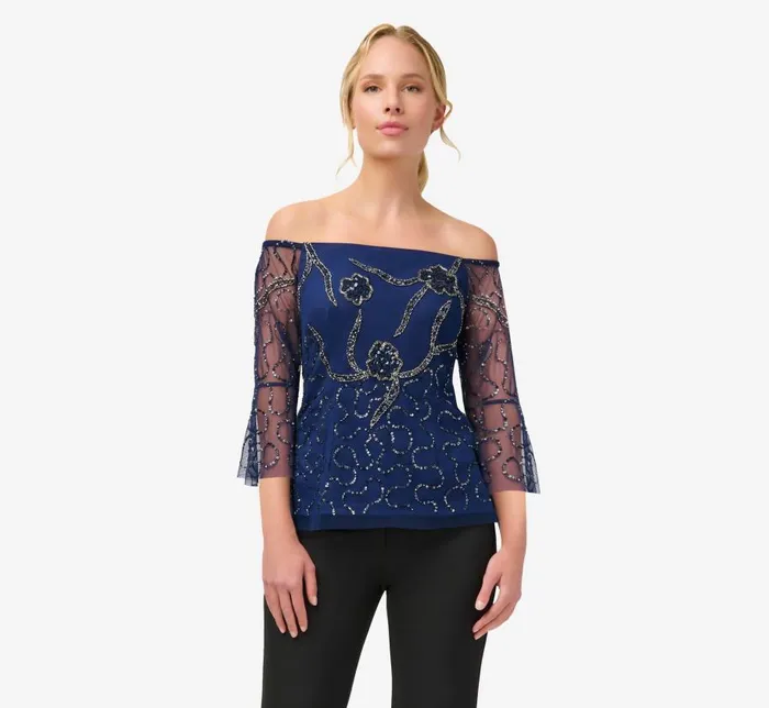 Beaded Dresses Womens Adrianna Papell HandBeaded Illusion OffTheShoulder Top In Light Navy Beaded Dresses Womens Adrianna Papell HandBeaded Illusion OffTheShoulder Top In Light Navy