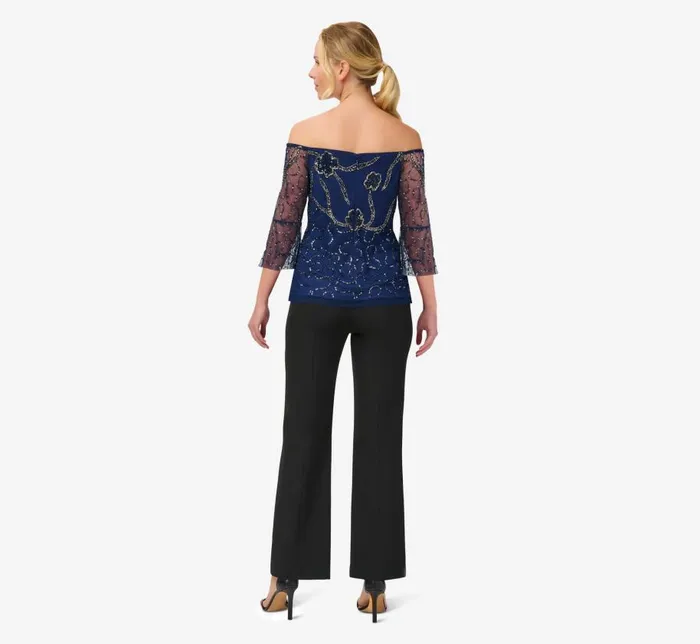 Beaded Dresses Womens Adrianna Papell HandBeaded Illusion OffTheShoulder Top In Light Navy