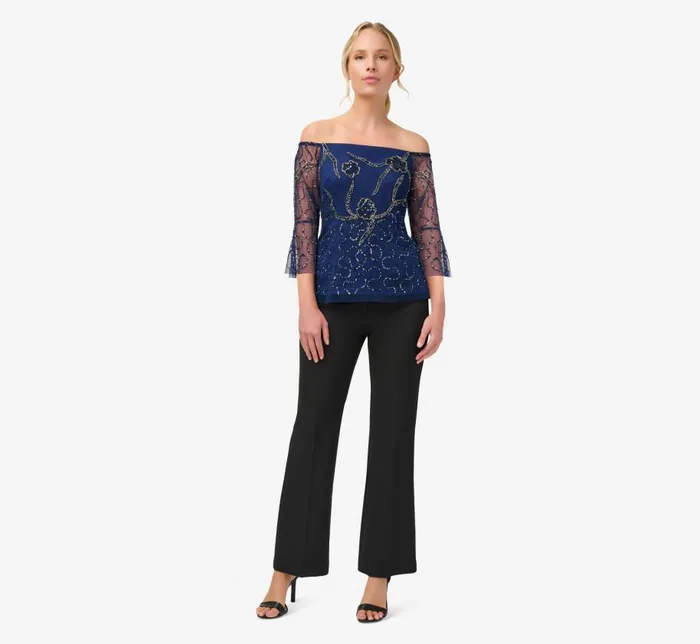 Beaded Dresses Womens Adrianna Papell HandBeaded Illusion OffTheShoulder Top In Light Navy
