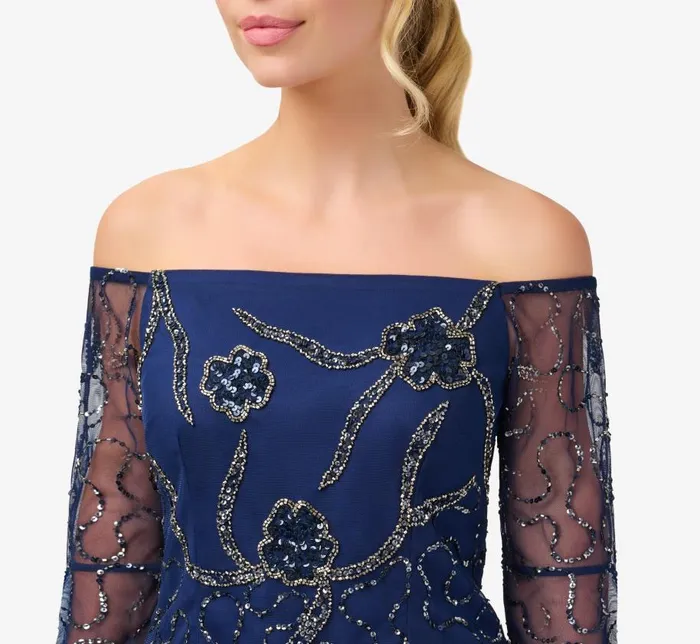 Beaded Dresses Womens Adrianna Papell HandBeaded Illusion OffTheShoulder Top In Light Navy
