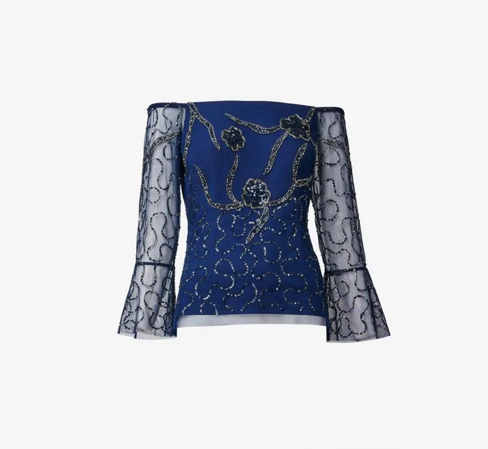 Beaded Dresses Womens Adrianna Papell HandBeaded Illusion OffTheShoulder Top In Light Navy