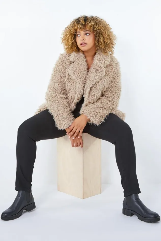 Beige Curve Fluffy Textured Coat Women Roman Coats