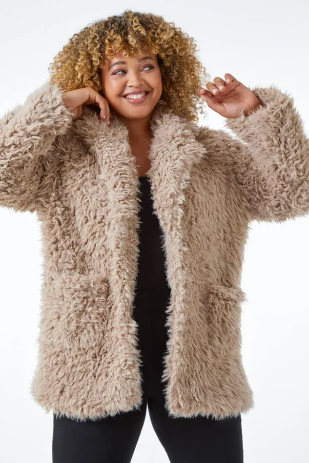 Beige Curve Fluffy Textured Coat Women Roman Coats