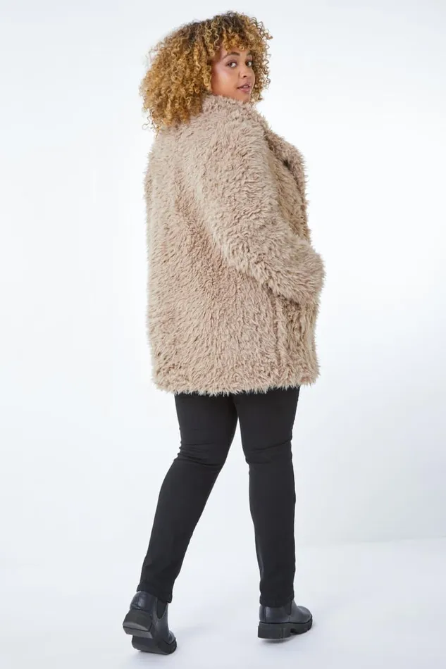 Beige Curve Fluffy Textured Coat Women Roman Coats