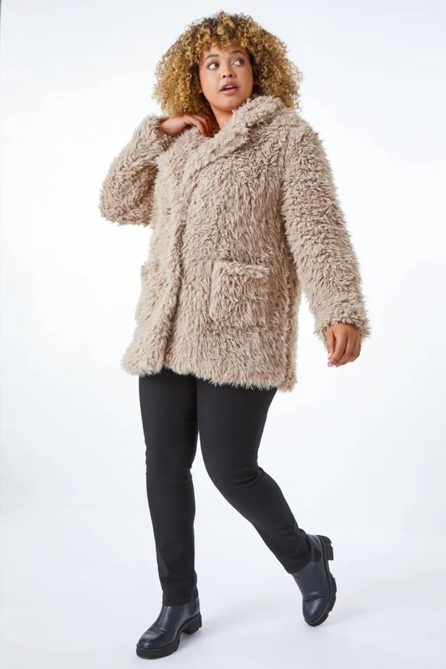 Beige Curve Fluffy Textured Coat Women Roman Coats