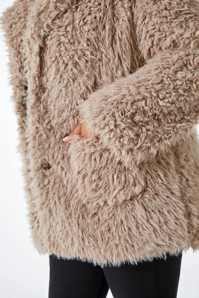 Beige Curve Fluffy Textured Coat Women Roman Coats
