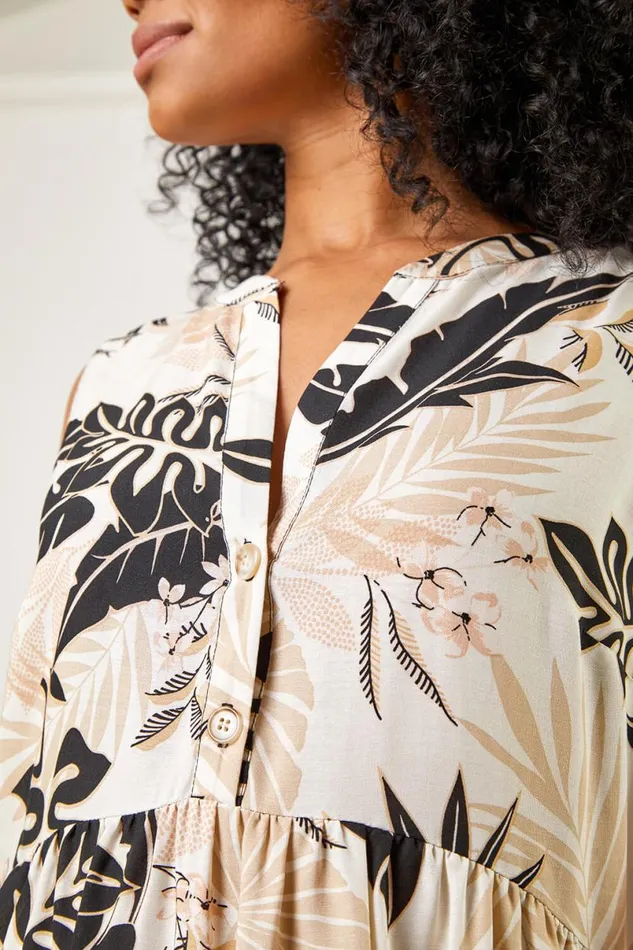 Beige Petite Tropical Print Tunic Dress Women Roman Dresses