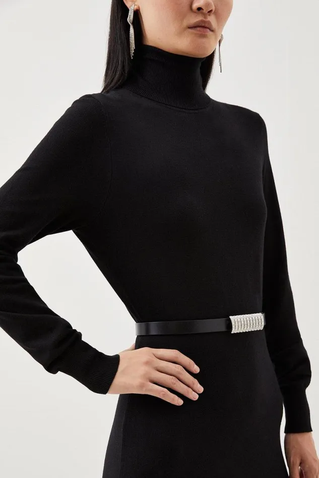 Belts Women Karen Millen Leather Diamante Buckle Belt Black