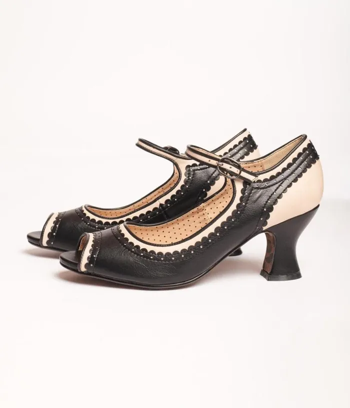 Bettie Page Black and Nude Peep Toe Lydia Heels Shoes Unique Vintage Heels