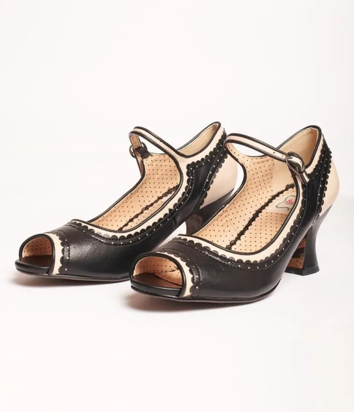 Bettie Page Black and Nude Peep Toe Lydia Heels Shoes Unique Vintage Heels